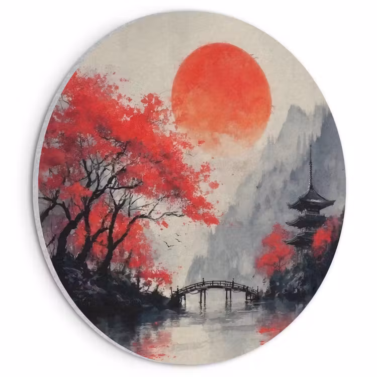 Akoestisch schilderij rond - Rode zon - Rivier - brug - Bomen — 1