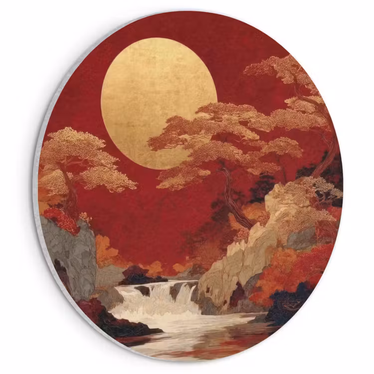 Akoestisch schilderij rond - Volle maan - Landschap - Waterval — 1
