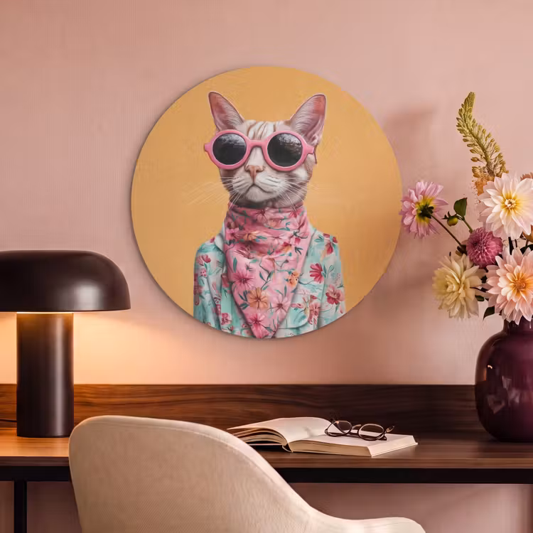 Akoestisch schilderij rond - Zonnebril - Kat - Sjaal - Bloemen — 2