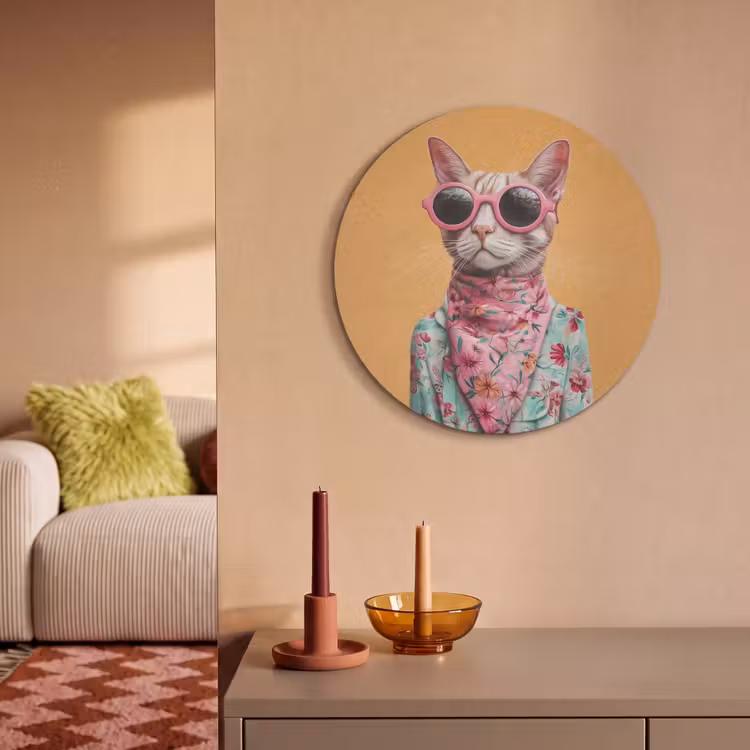 Akoestisch schilderij rond - Zonnebril - Kat - Sjaal - Bloemen — 3
