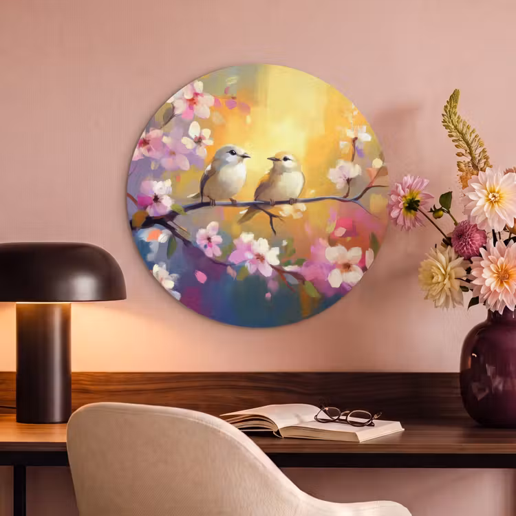 Akoestisch schilderij rond - Vogels - Bloemen - Roze — 2