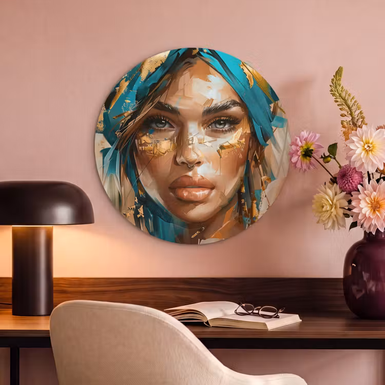 Akoestisch schilderij rond - Vrouw - Portret - Goud - Luxe - Blauw — 2