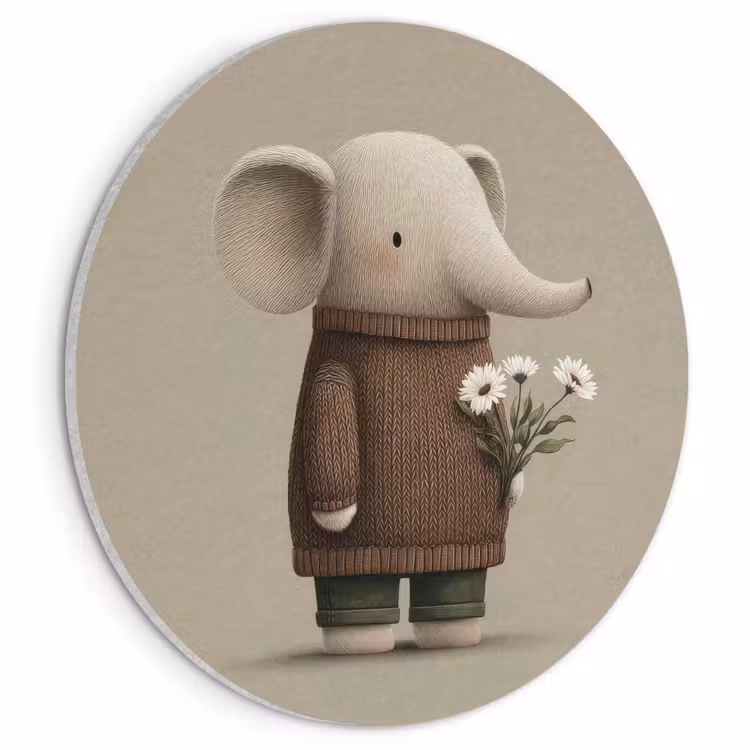 Akoestisch schilderij rond - Olifant - Witte bloemen - Kindvriendelijk — 1