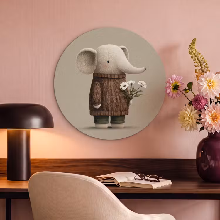 Akoestisch schilderij rond - Olifant - Witte bloemen - Kindvriendelijk — 2