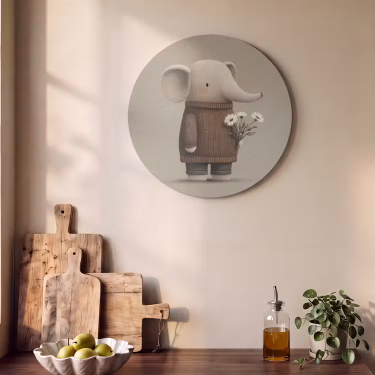 Akoestisch schilderij rond - Olifant - Witte bloemen - Kindvriendelijk — 4