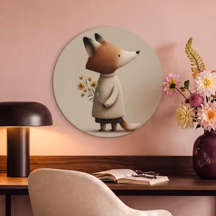 Akoestisch schilderij rond - Vos - Gele bloemen - Minimalistisch — 2