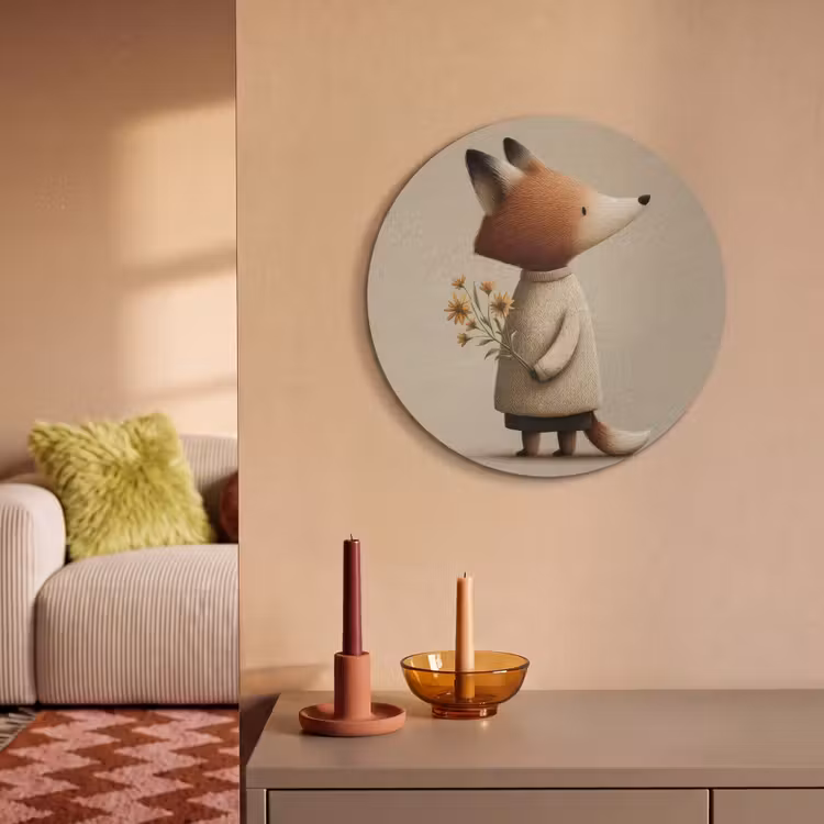 Akoestisch schilderij rond - Vos - Gele bloemen - Minimalistisch — 3