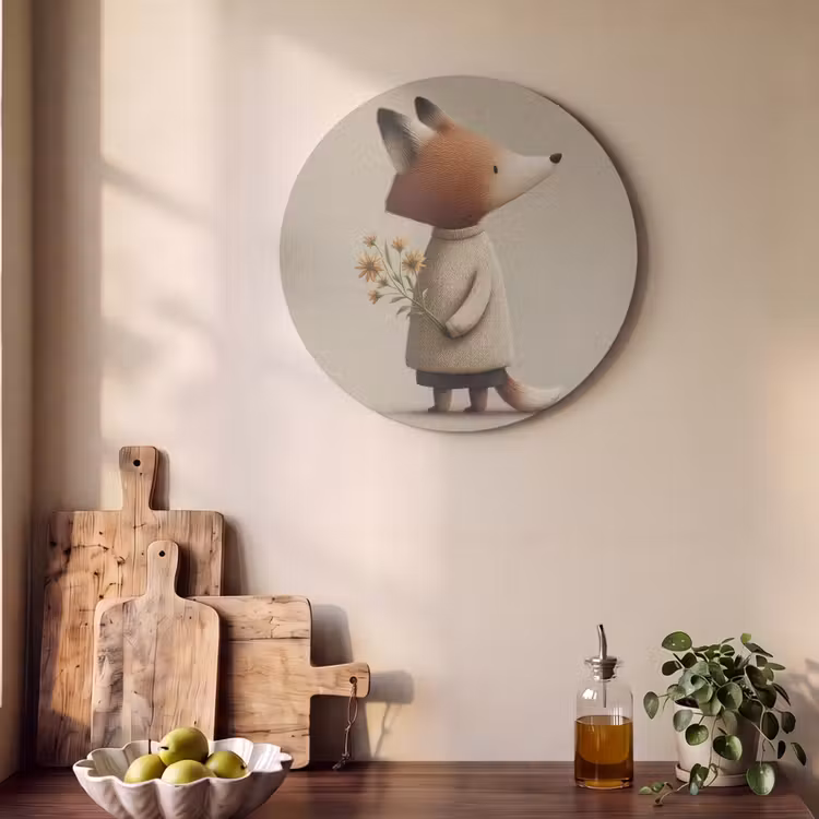 Akoestisch schilderij rond - Vos - Gele bloemen - Minimalistisch — 4