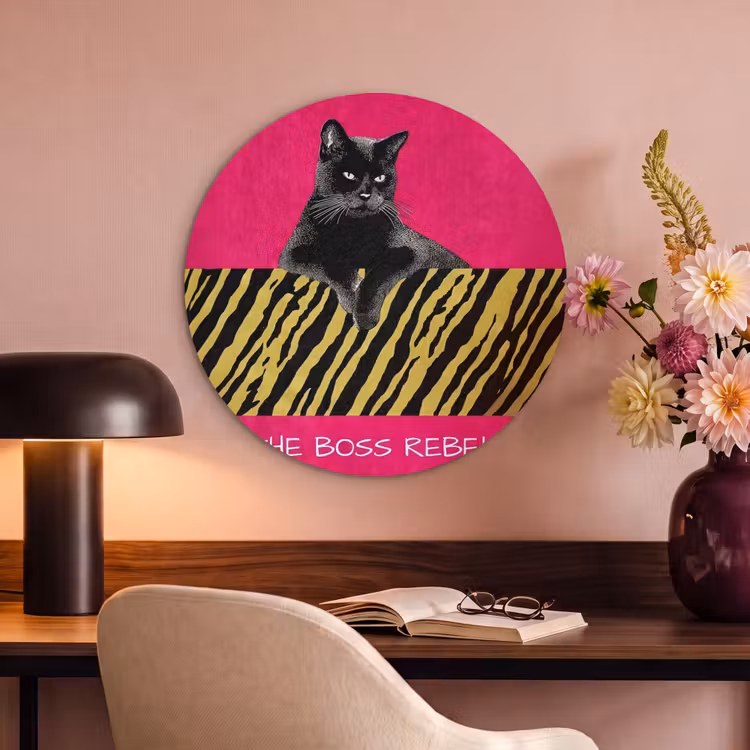 Akoestisch schilderij rond - Kat - Baas - Roze - Tijgerprint — 2
