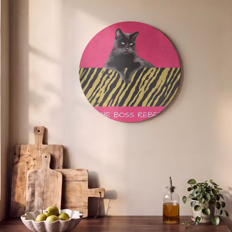 Akoestisch schilderij rond - Kat - Baas - Roze - Tijgerprint — 4
