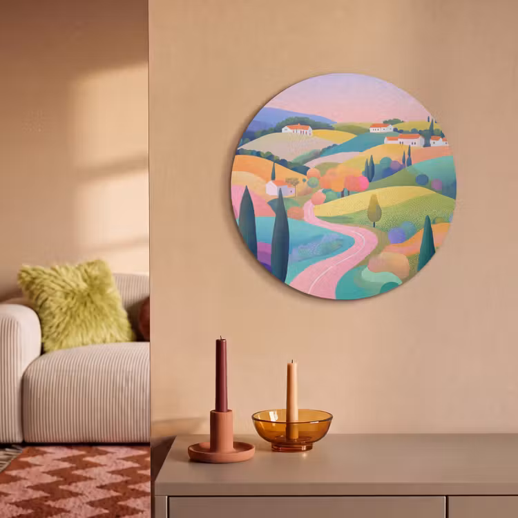 Akoestisch schilderij rond - Landschap - Paars - Pastel - Huizen — 3