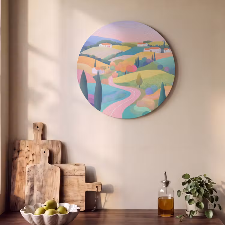 Akoestisch schilderij rond - Landschap - Paars - Pastel - Huizen — 4
