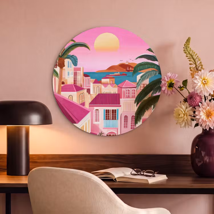 Akoestisch schilderij rond - Stad - Roze - Palmbomen — 2