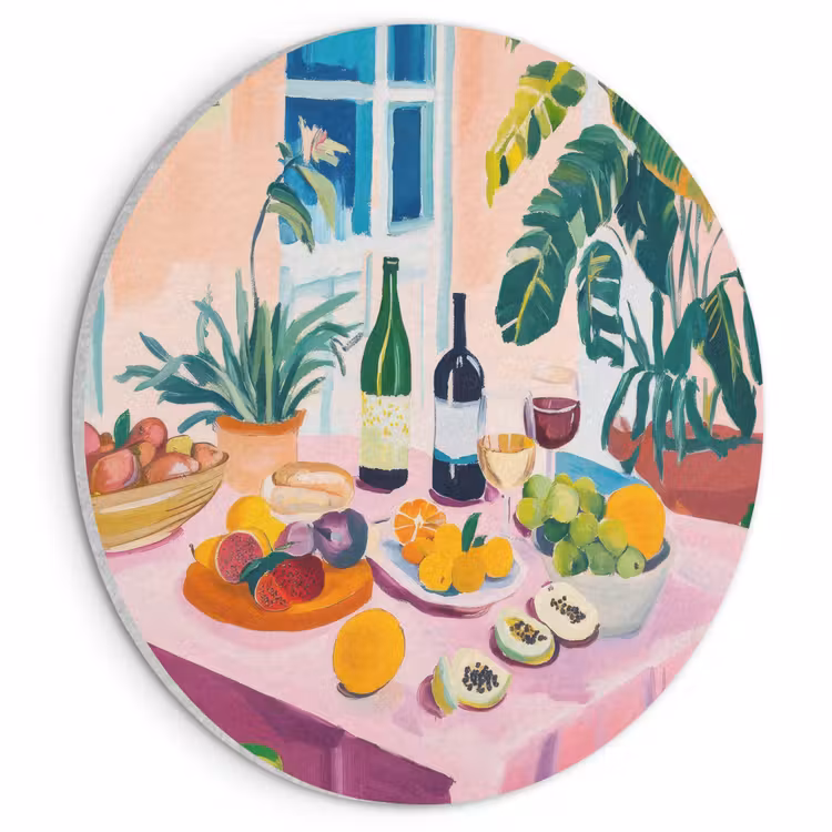 Akoestisch schilderij rond - Tafel - Wijn - Fruit — 1