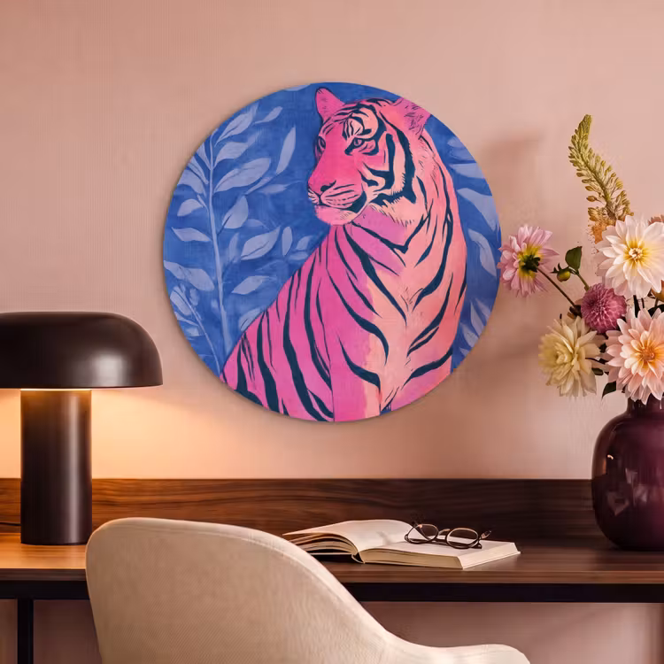 Akoestisch schilderij rond - Tijger - Roze - Bladeren - Jungle — 2