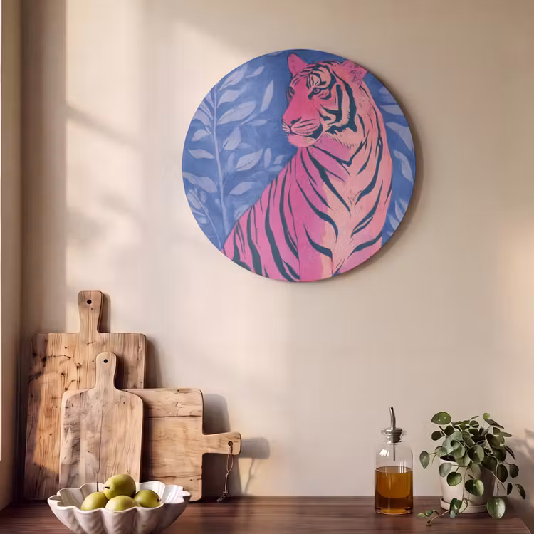 Akoestisch schilderij rond - Tijger - Roze - Bladeren - Jungle — 4