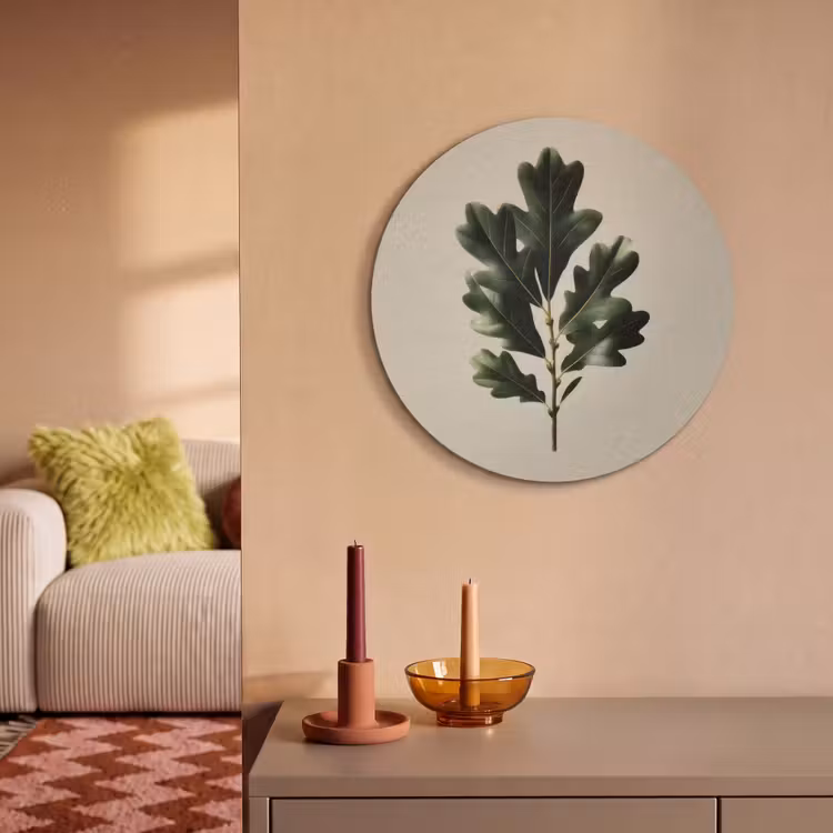 Akoestisch schilderij rond - Eikenbladeren - Beige - Groen - Golvende randen — 3