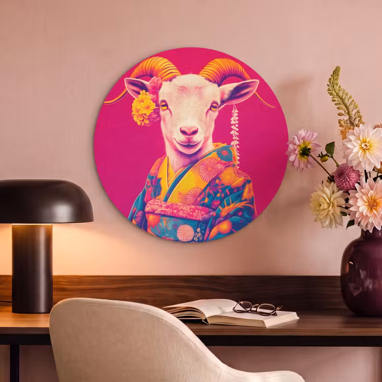 Akoestisch schilderij rond - Geit - Hoorns - Kimono - Kleurrijk — 2