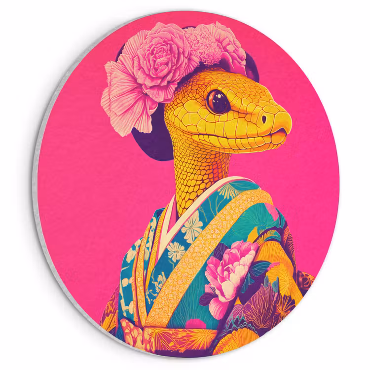 Akoestisch schilderij rond - Hagedis - Bloemen - Roze - Kimono — 1