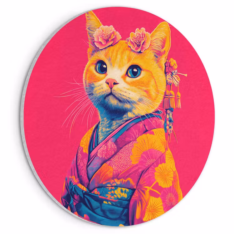 Akoestisch schilderij rond - Kat - Kimono - Bloemen - Roze — 1