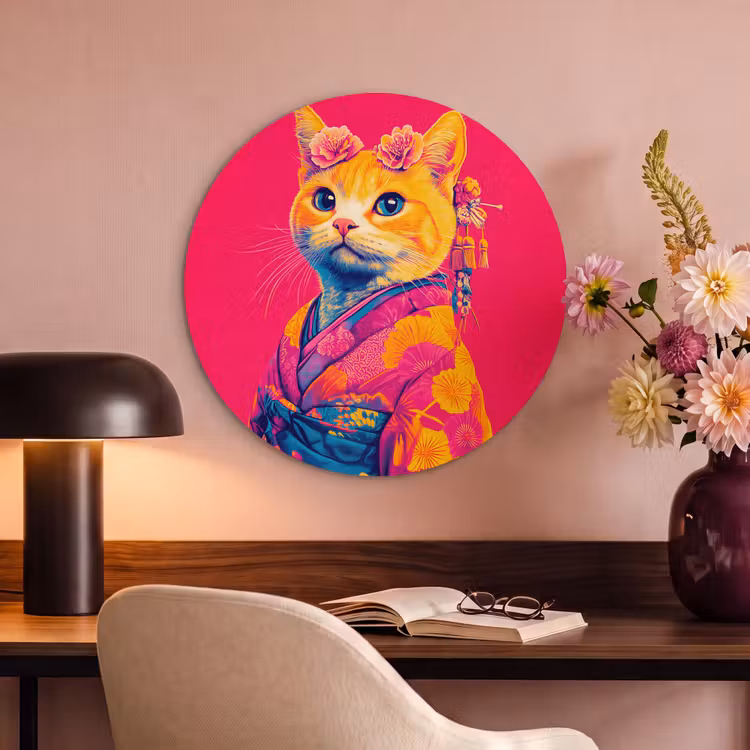 Akoestisch schilderij rond - Kat - Kimono - Bloemen - Roze — 2