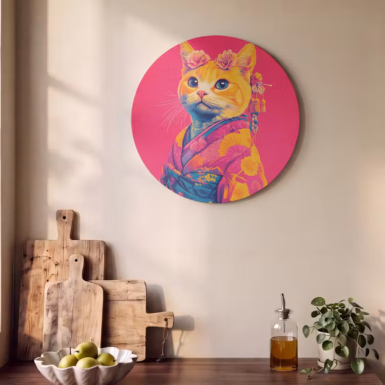Akoestisch schilderij rond - Kat - Kimono - Bloemen - Roze — 4
