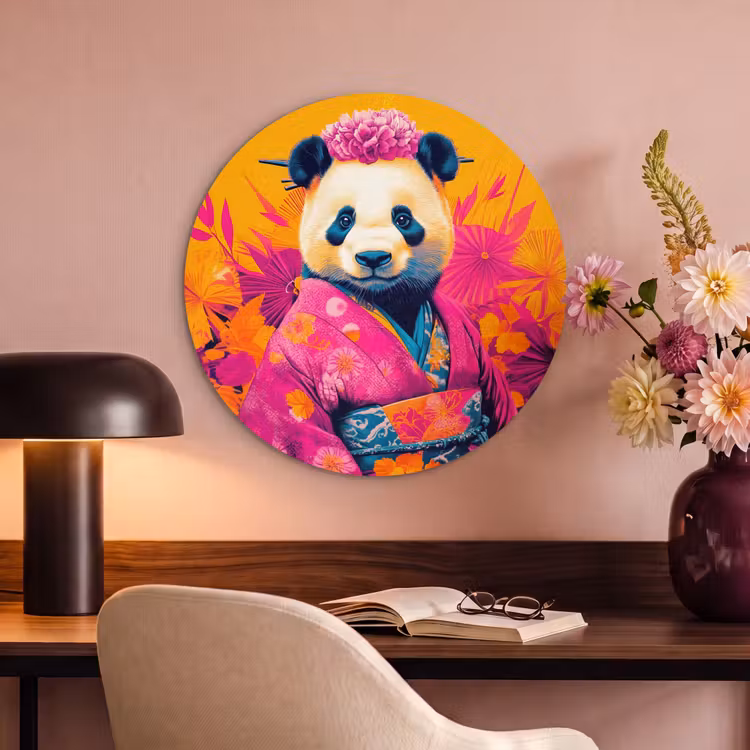 Akoestisch schilderij rond - Kimono - Roze - Panda - Bloemenkroon — 2
