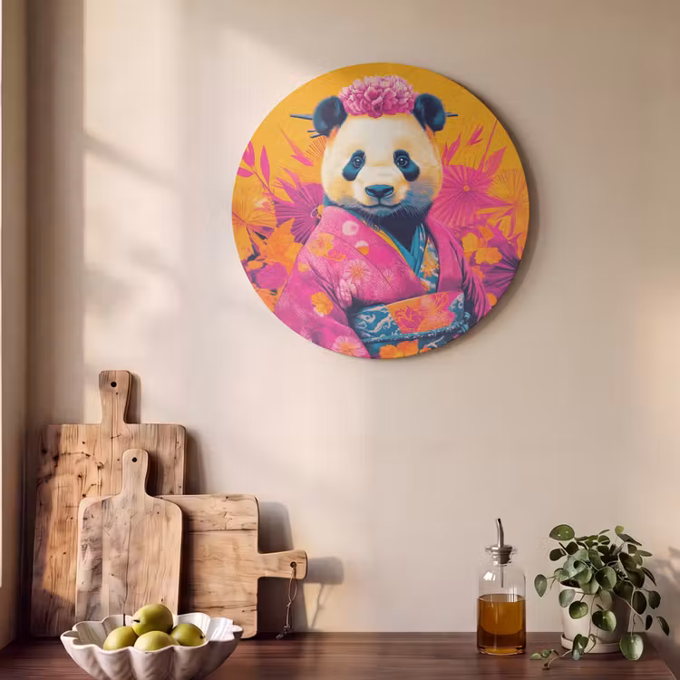 Akoestisch schilderij rond - Kimono - Roze - Panda - Bloemenkroon — 4