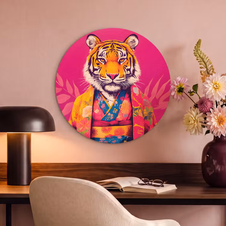 Akoestisch schilderij rond - Tijger - Kimono - Planten - Roze — 2