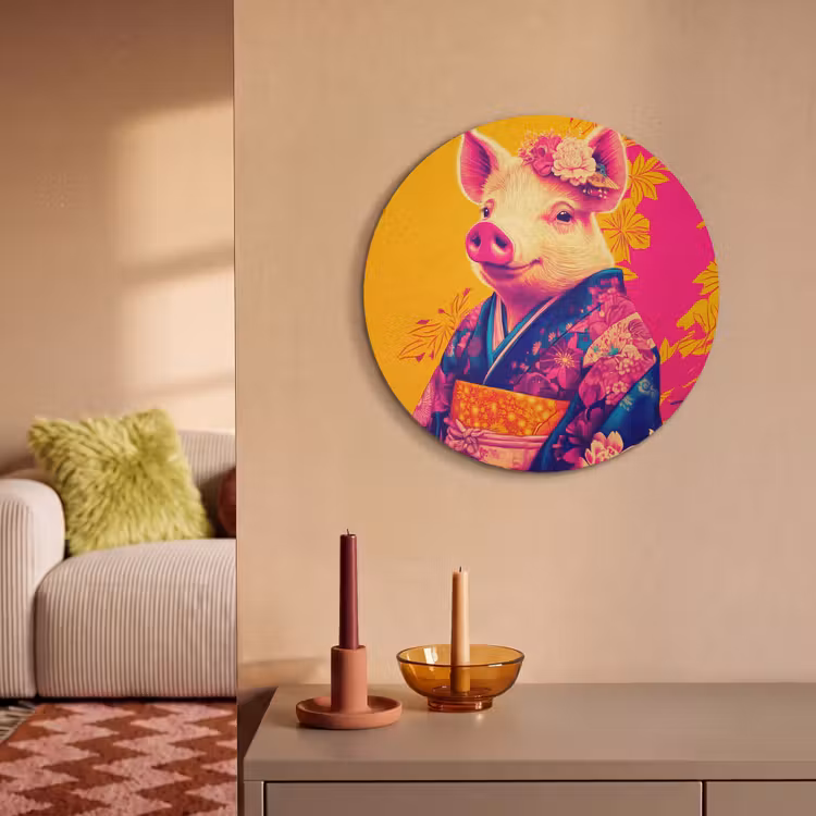 Akoestisch schilderij rond - Varken - Bloemkroon - Kimono - Abstract — 3