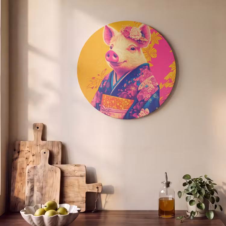 Akoestisch schilderij rond - Varken - Bloemkroon - Kimono - Abstract — 4