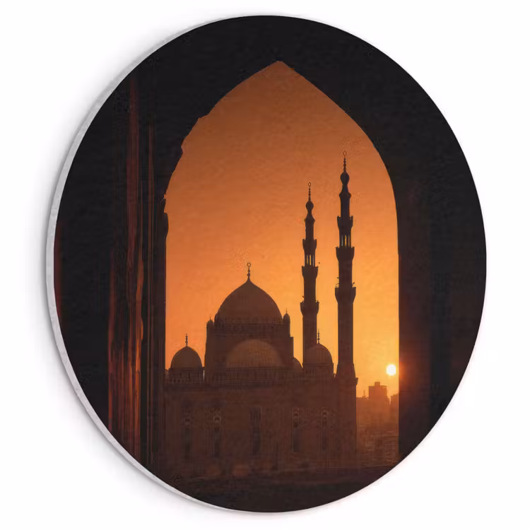 Akoestisch schilderij rond - Moskee - Oranje lucht - Islamitisch — 1
