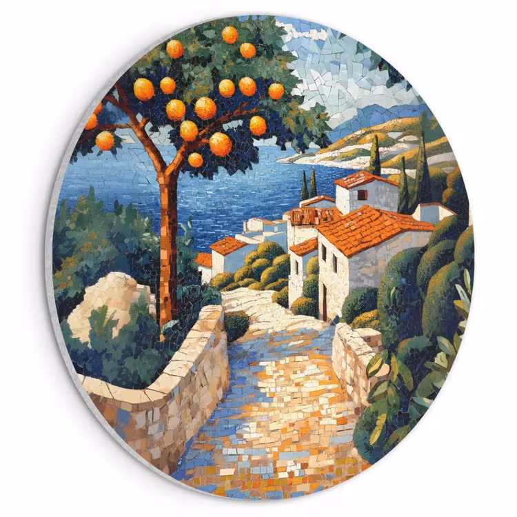 Akoestisch schilderij rond - Huizen - Mozaïek - Sinaasappelbomen - Zee — 1