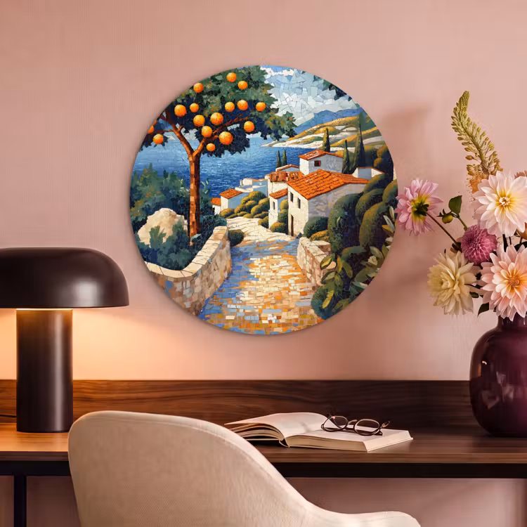 Akoestisch schilderij rond - Huizen - Mozaïek - Sinaasappelbomen - Zee — 2