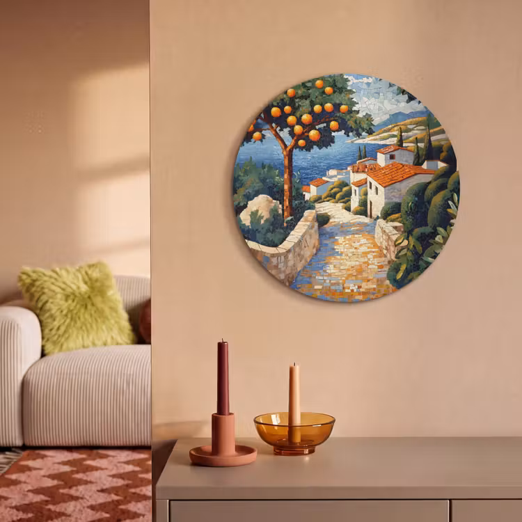 Akoestisch schilderij rond - Huizen - Mozaïek - Sinaasappelbomen - Zee — 3