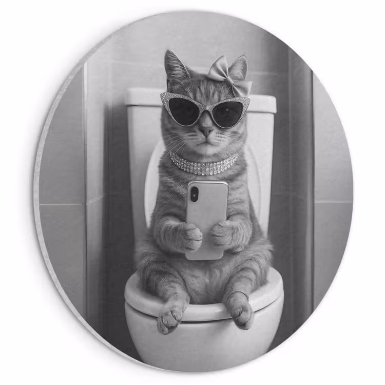 Akoestisch schilderij rond - Kat - Telefoon - Toilet - Zwart - Wit — 1