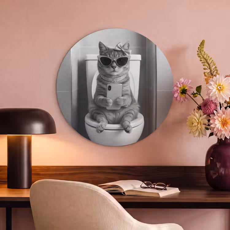 Akoestisch schilderij rond - Kat - Telefoon - Toilet - Zwart - Wit — 2