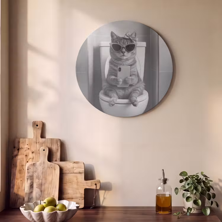Akoestisch schilderij rond - Kat - Telefoon - Toilet - Zwart - Wit — 4