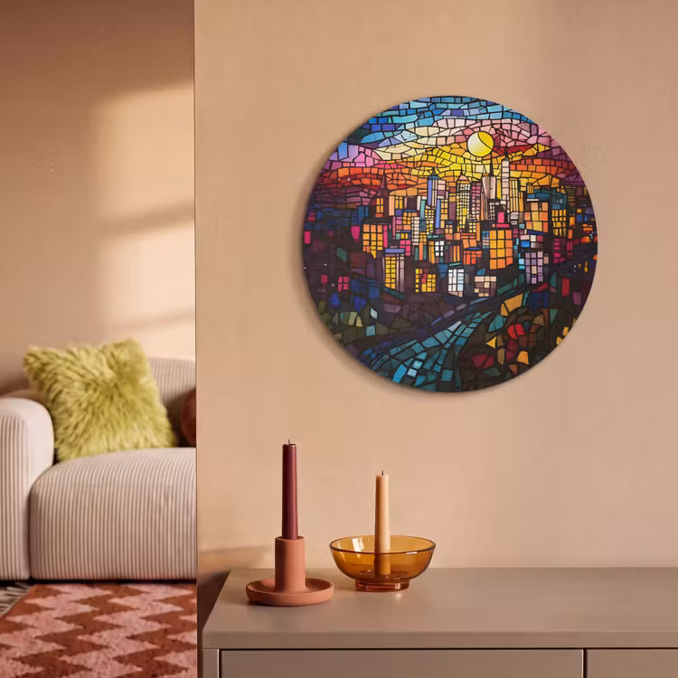Akoestisch schilderij rond - Stad - Maan - Mozaïek - Kleurrijk — 3