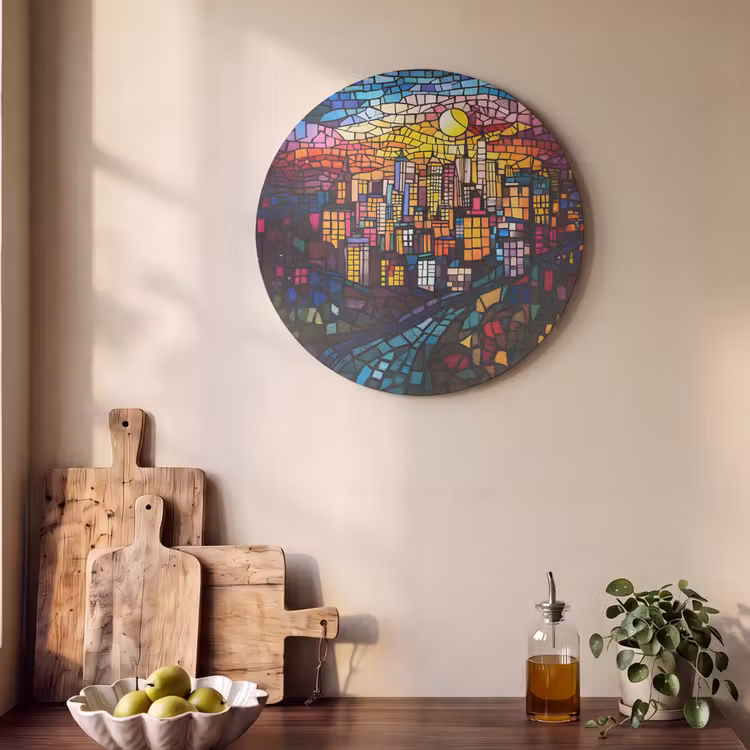 Akoestisch schilderij rond - Stad - Maan - Mozaïek - Kleurrijk — 4