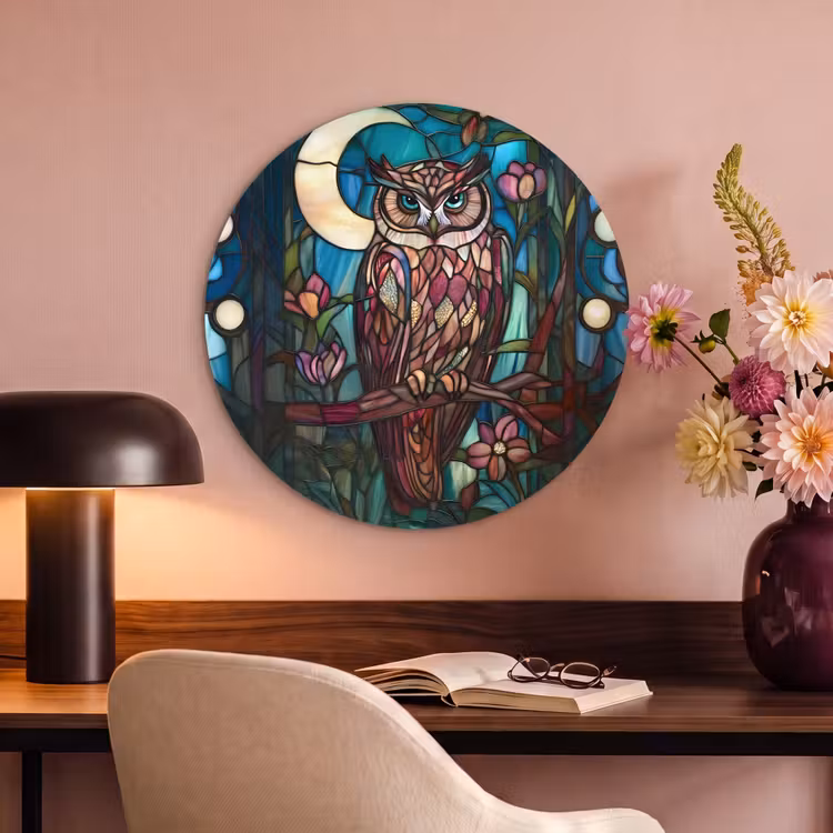 Akoestisch schilderij rond - Uil - Mozaïek - Maan - Nacht — 2