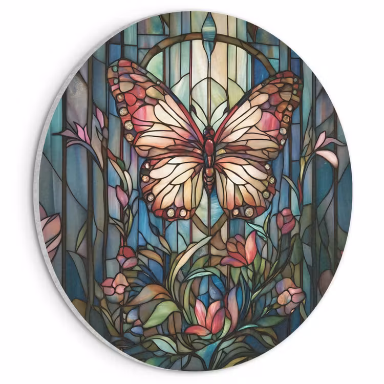 Akoestisch schilderij rond - Vlinder - Roze - Bloemen - Bladeren — 1