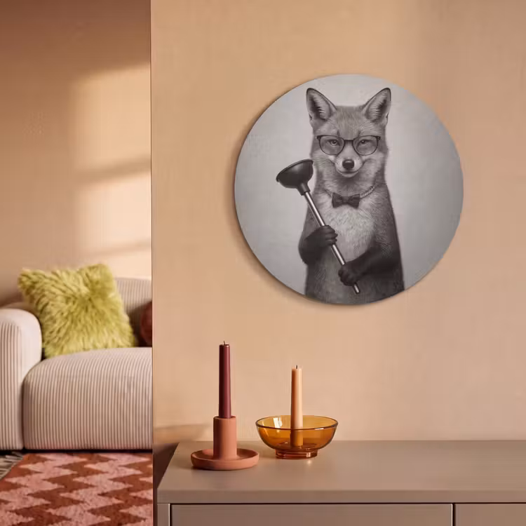 Akoestisch schilderij rond - Vos - WC-ontstopper - Zwart - Wit — 3