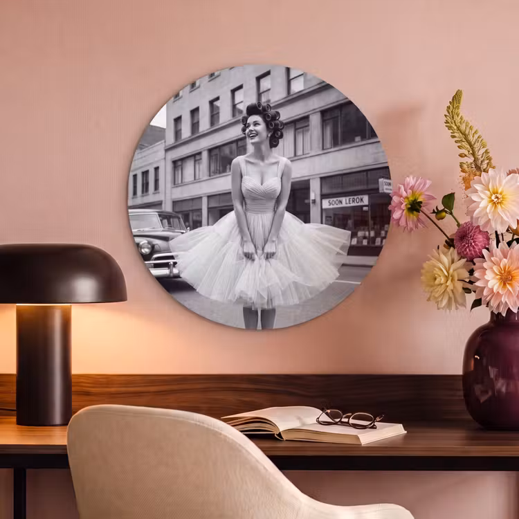 Akoestisch schilderij rond - Retro - Vrouw - Zwart - Wit — 2