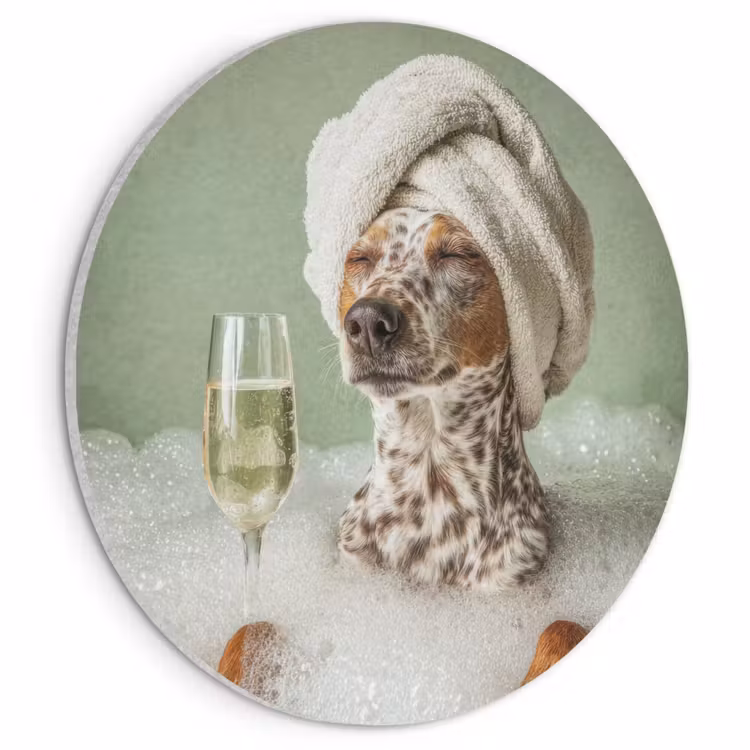 Akoestisch schilderij rond - Hond - Bad - Champagne - Handdoek — 1
