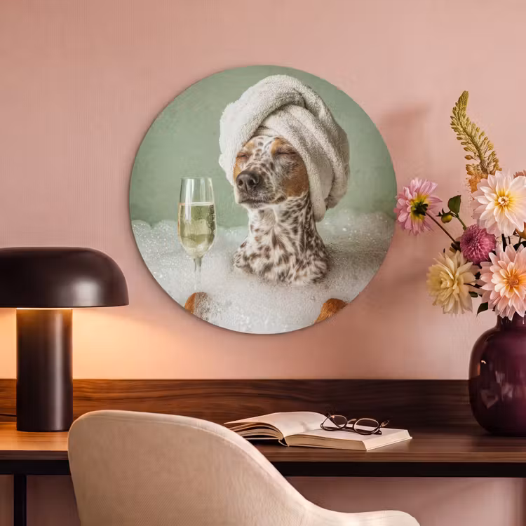 Akoestisch schilderij rond - Hond - Bad - Champagne - Handdoek — 2