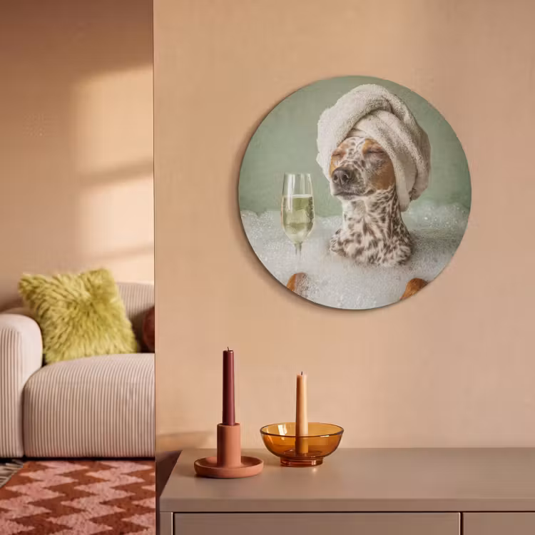 Akoestisch schilderij rond - Hond - Bad - Champagne - Handdoek — 3