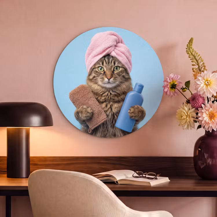 Akoestisch schilderij rond - Kat - Handdoek - Washand - Zeep — 2