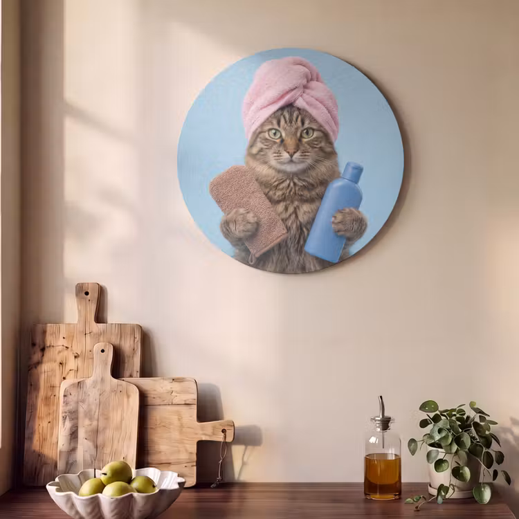 Akoestisch schilderij rond - Kat - Handdoek - Washand - Zeep — 4