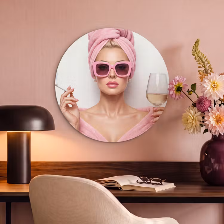 Akoestisch schilderij rond - Vrouw - Roze - Wijn - Zonnebril — 2